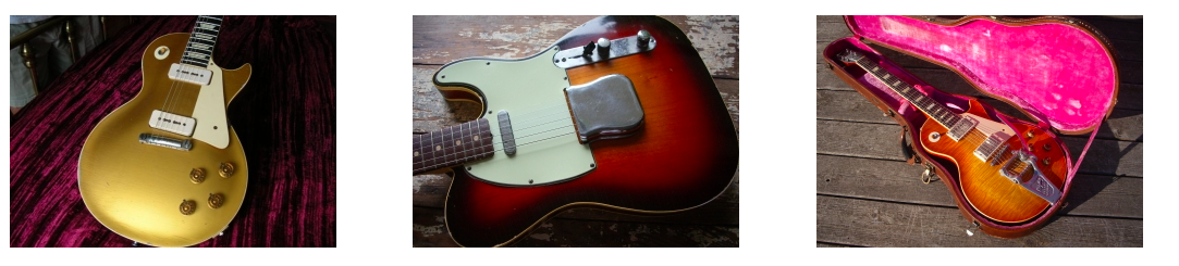 Vintage guitars restored by GM Vintage Restorations: a gold top Les Paul, a sunburst Telecaster and a sunburst Les Paul in its case